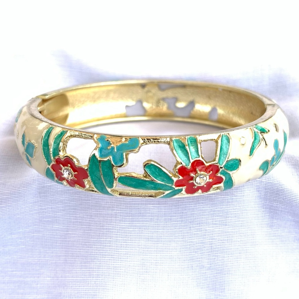 Cloisonné Floral Bangle Bracelet ~ Beige and Red